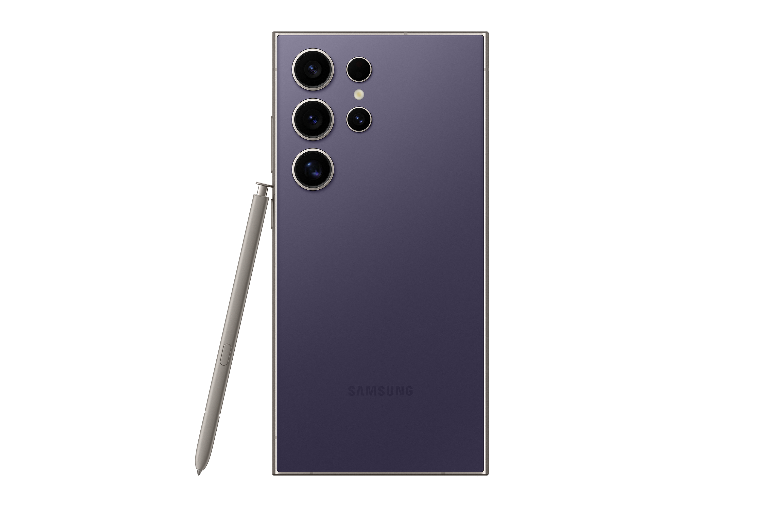 Lila Telefon mit Stift, Dreifachkamera und Samsung-Logo. Weißer Hintergrund.