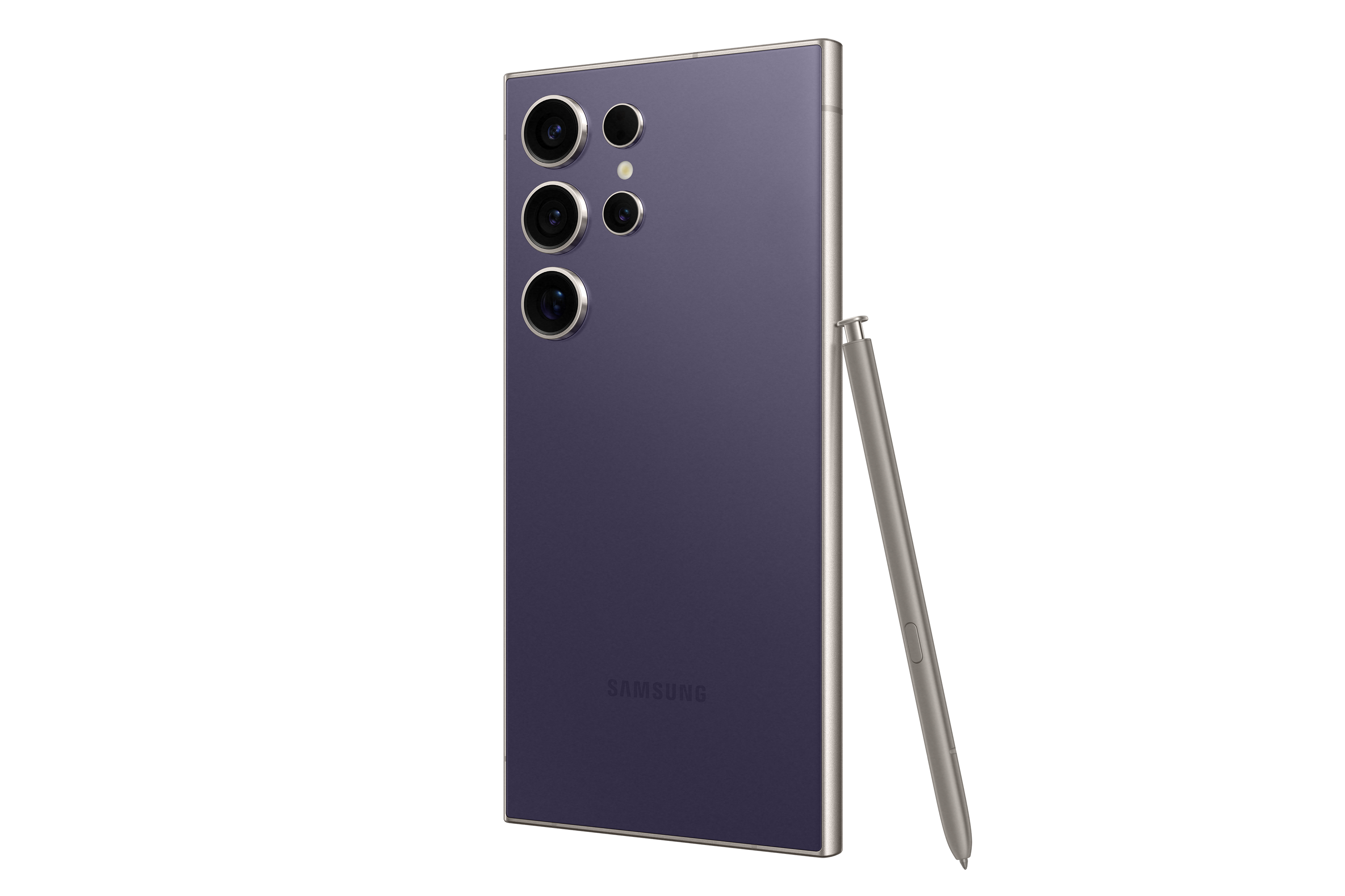 Lila Telefon mit drei Rückkameras und einem Stift. Das Telefon ist abgewinkelt und zeigt die Rückseite.