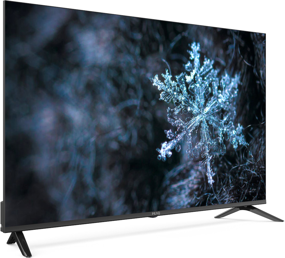 Een tv-scherm met een close-up van een sneeuwvlok op een donkere achtergrond.