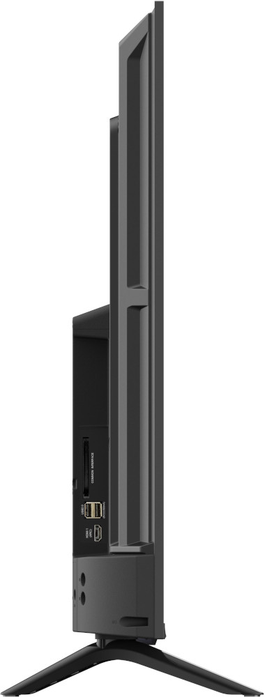 Zijaanzicht van een zwarte tv op standaard, met poorten en een strak ontwerp.