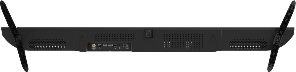 TV van achteren met aansluitingen en standaards. Zwarte kleur met ventilatiegaten.