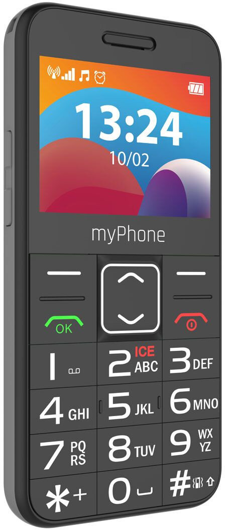 Czarny myPhone z dużymi przyciskami i ekranem pokazującym godzinę.
