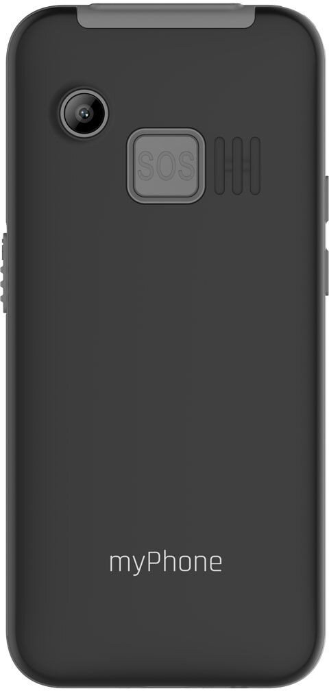 Czarny myPhone, widok z tyłu, z aparatem, przyciskiem SOS i otworami głośnika.