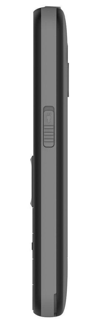 Widok z boku telefonu z szarą ramką i czarnym korpusem. Z boku znajdują się przyciski i przełącznik.