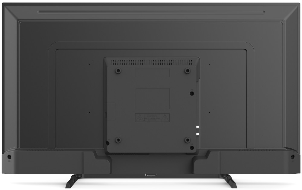Rückseite eines schwarzen Fernsehers mit Halterungen, Anschlüssen und Füßen vor weißem Hintergrund.