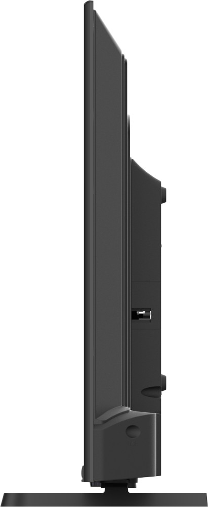 Seitenansicht eines schwarzen Fernsehers mit Standfuß.