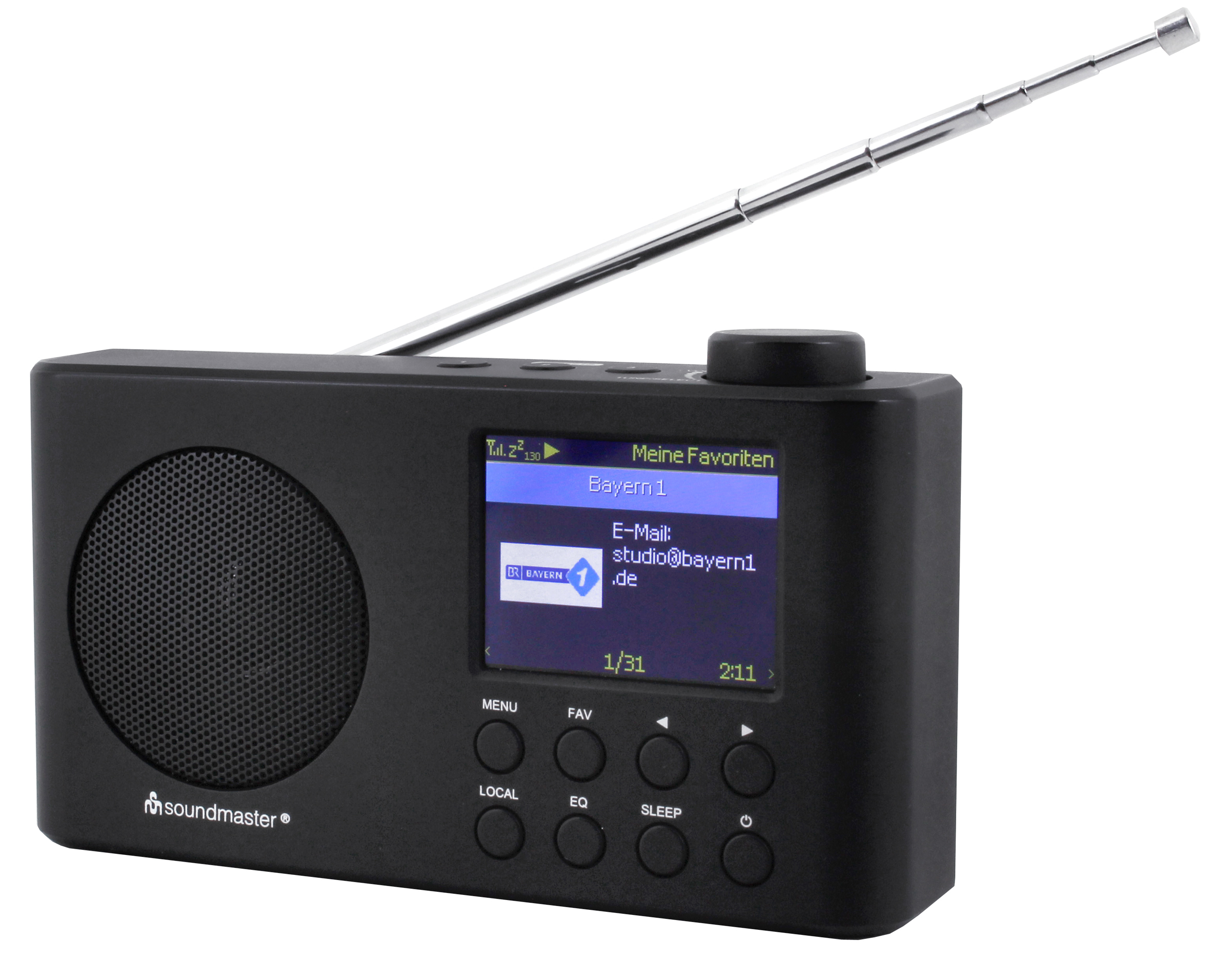 Schwarzes Radio mit Bildschirm, der Stationsinformationen anzeigt. Eine Antenne ragt nach oben. Knöpfe sind sichtbar.