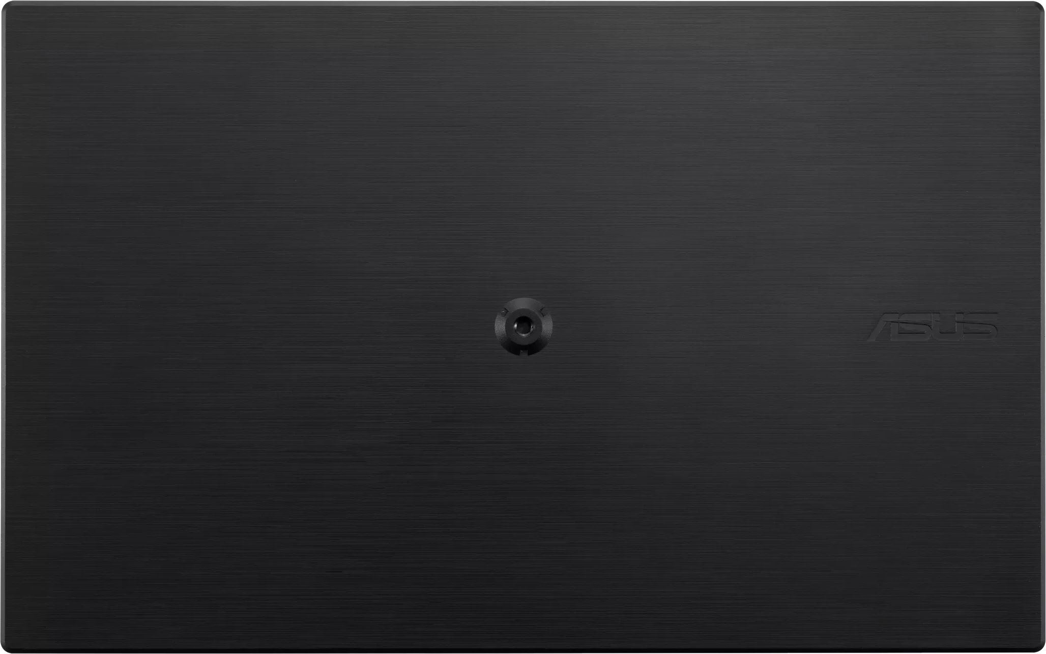 Fekete laptopfedél ASUS logóval. A felület szálcsiszolt fém textúrájú.