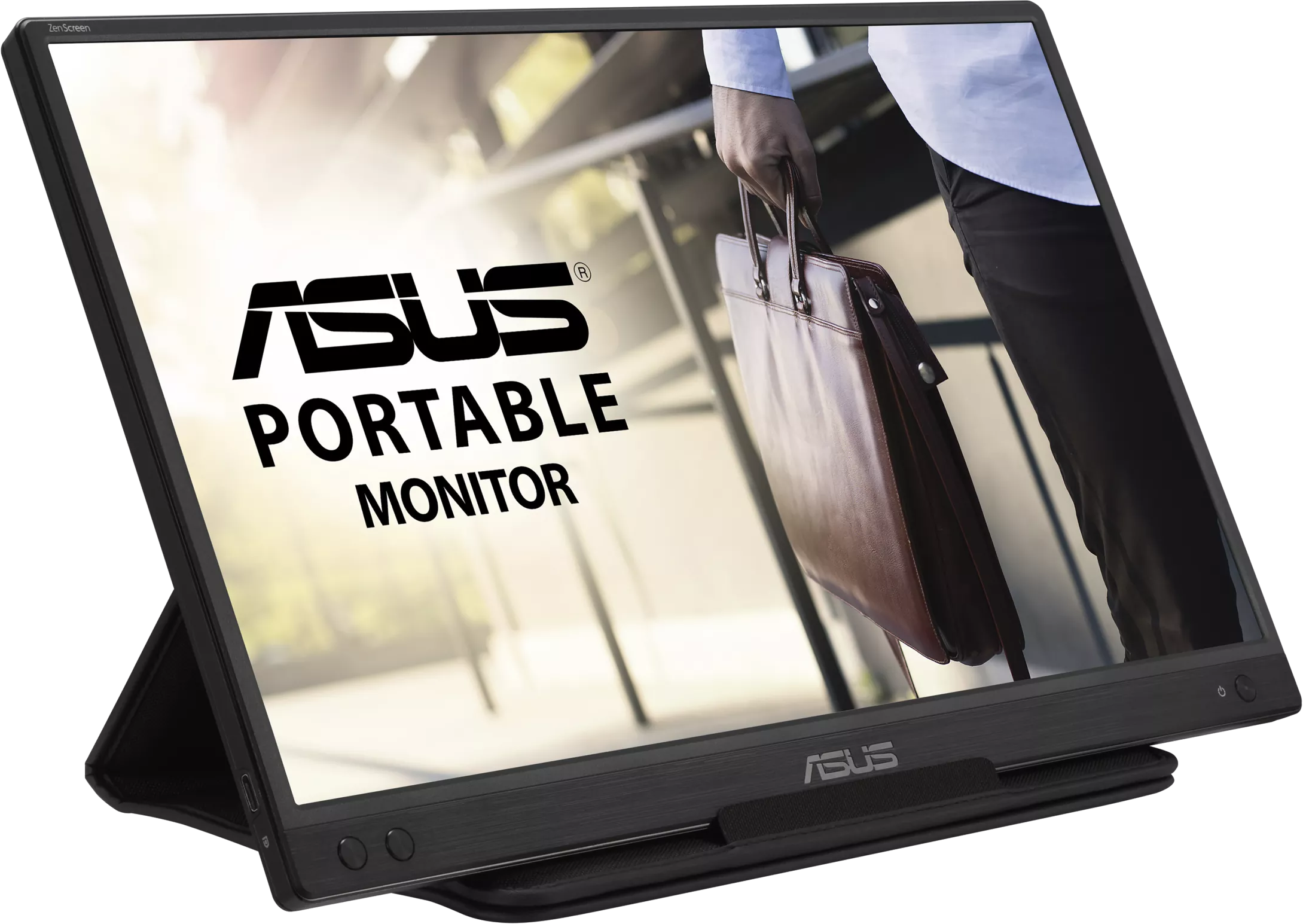 Egy ASUS hordozható monitor, amely egy aktatáskát tartó személy képét mutatja.