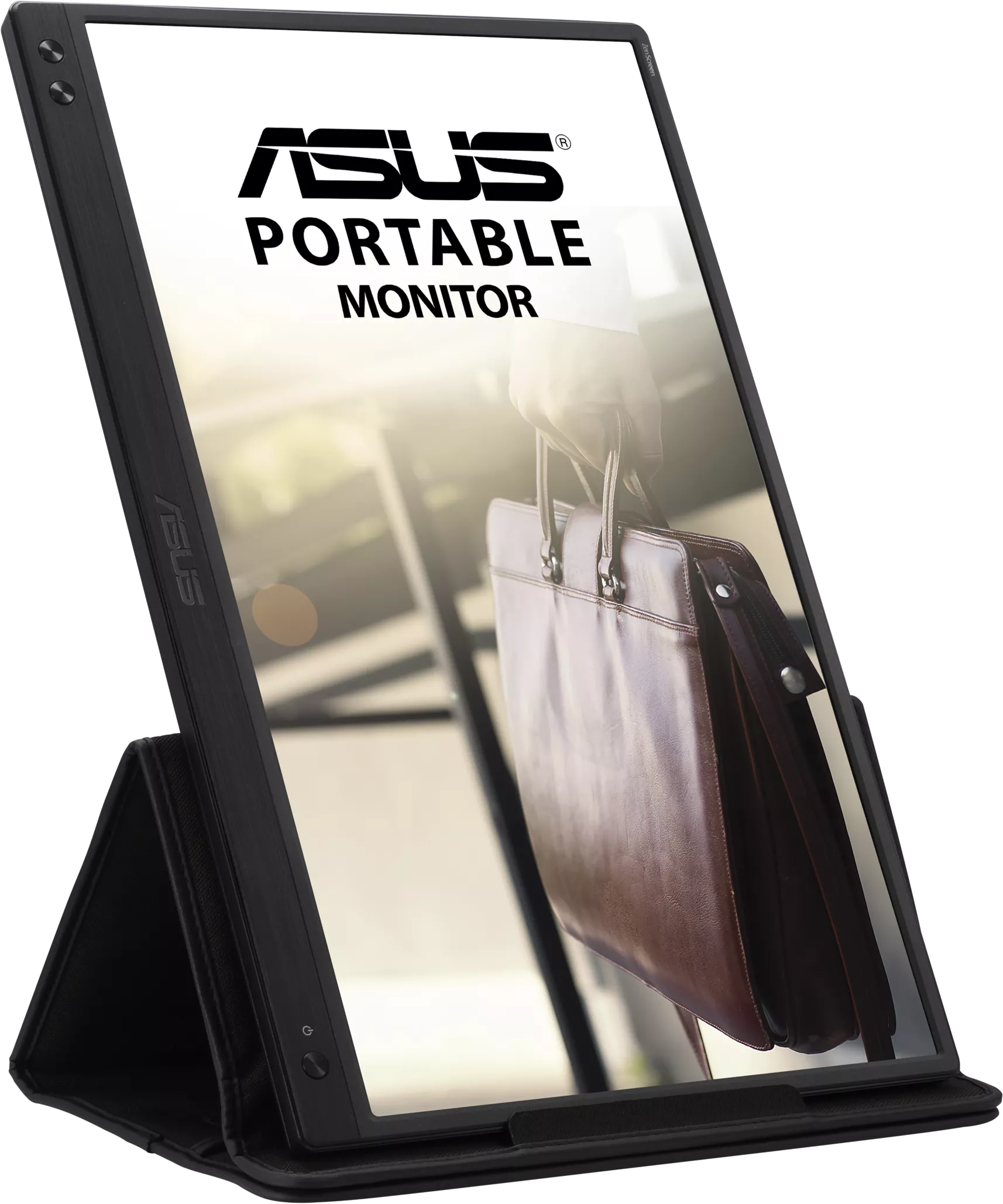 Asus hordozható monitor bőr tokkal, kezében táskával.