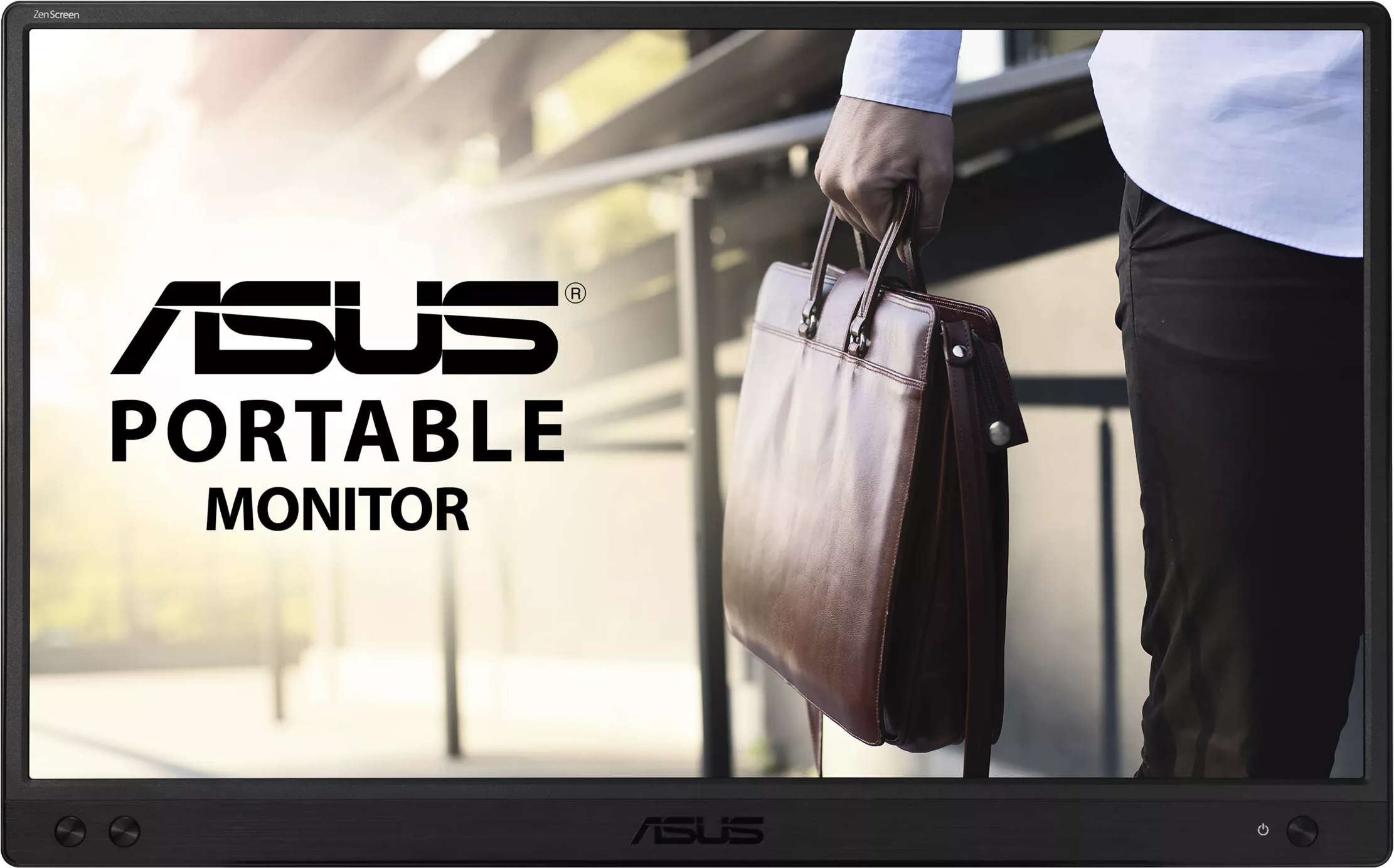 ASUS Portable Monitor képernyő, egy aktatáskát tartó férfival. Napfény süt.