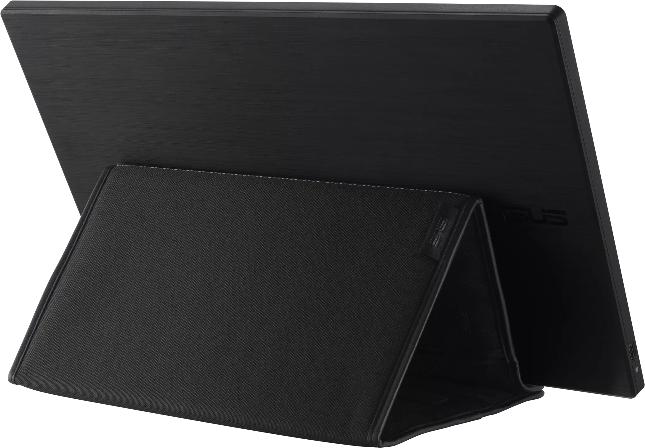 Fekete monitor állvánnyal. ASUS logó látható. Szögletes nézet, sötét háttér.