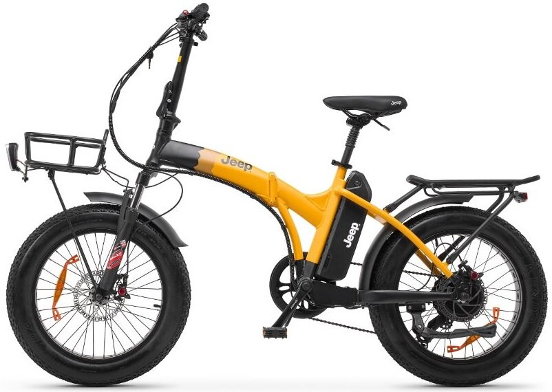 Żółty składany rower Jeep, z czarnymi detalami, na białym tle.