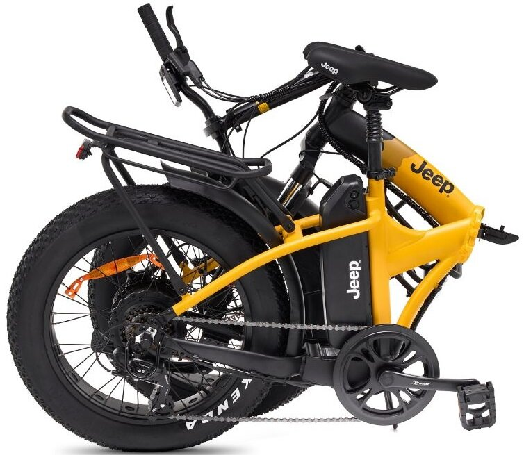Żółty składany rower elektryczny Jeep, pokazujący opony, akumulator i szczegóły ramy.
