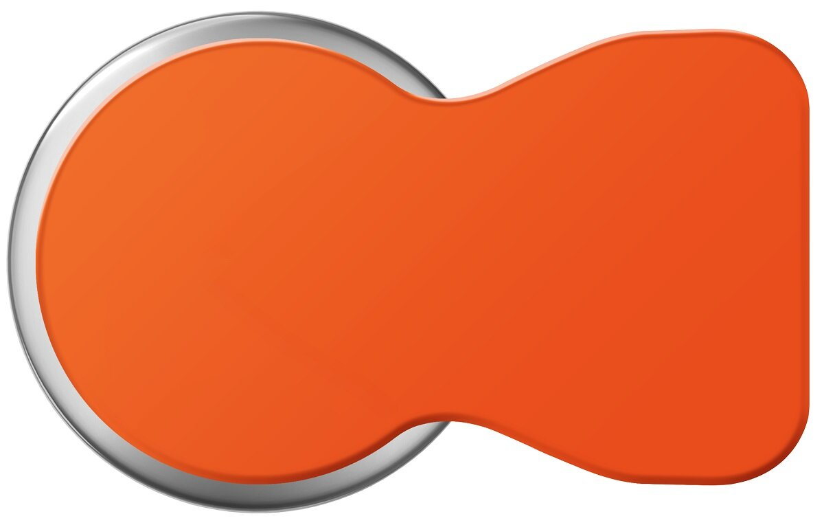 Pomarańczowa etykieta z zaokrąglonymi rogami, srebrną obwódką i krzywizną z jednej strony.