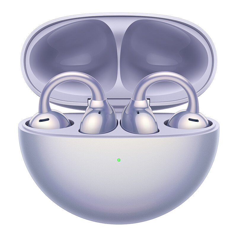 Otwarty fioletowy futerał z dwoma srebrnymi słuchawkami w środku.