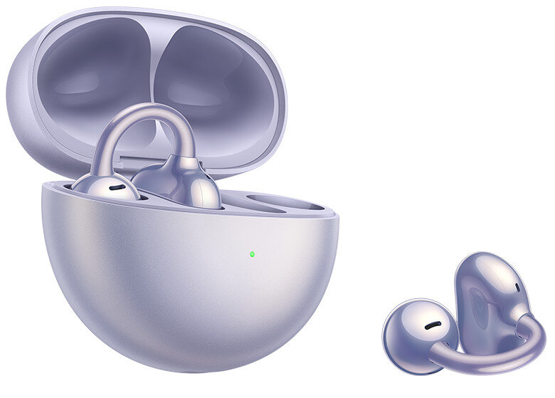 Słuchawki douszne w etui. Oba są jasnofioletowe. Etui jest otwarte.