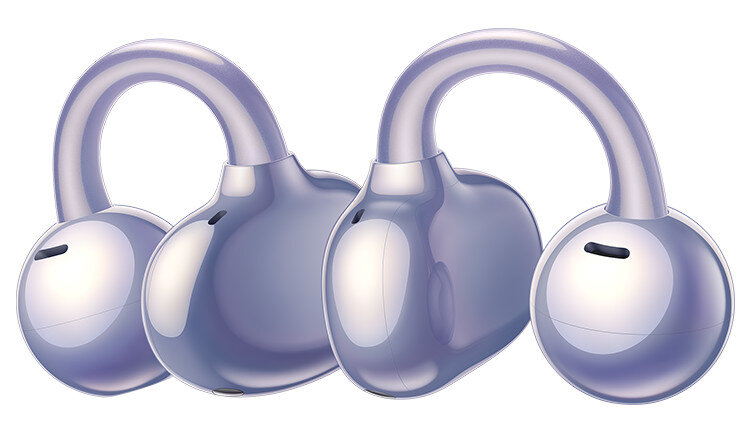 Cztery szare, futurystyczne słuchawki douszne. Mają zakrzywioną konstrukcję.