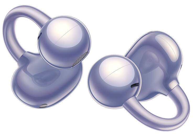 Dwie pary srebrnych słuchawek dousznych o zakrzywionym kształcie.