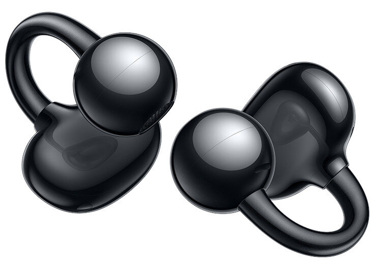 Dwa czarne słuchawki i czarne etui ładujące. Etui ma wirujący wzór i logo Music Sound.