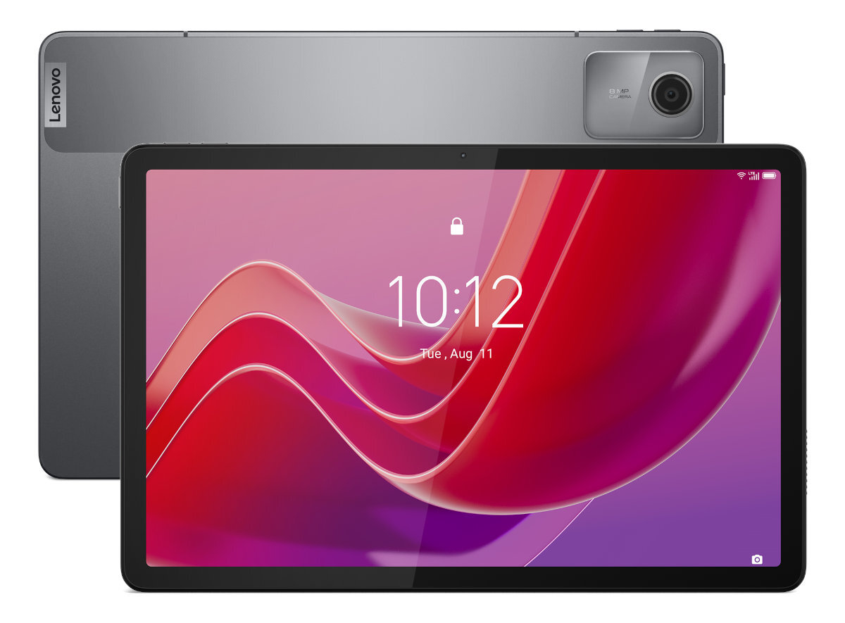 Tablet z czerwonym i fioletowym ekranem, pokazujący ekran blokady, szary tył.