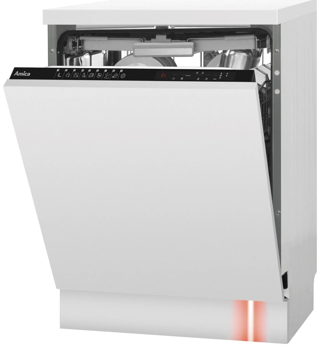 Biała zmywarka z otwartymi drzwiami, pokazująca wnętrze.