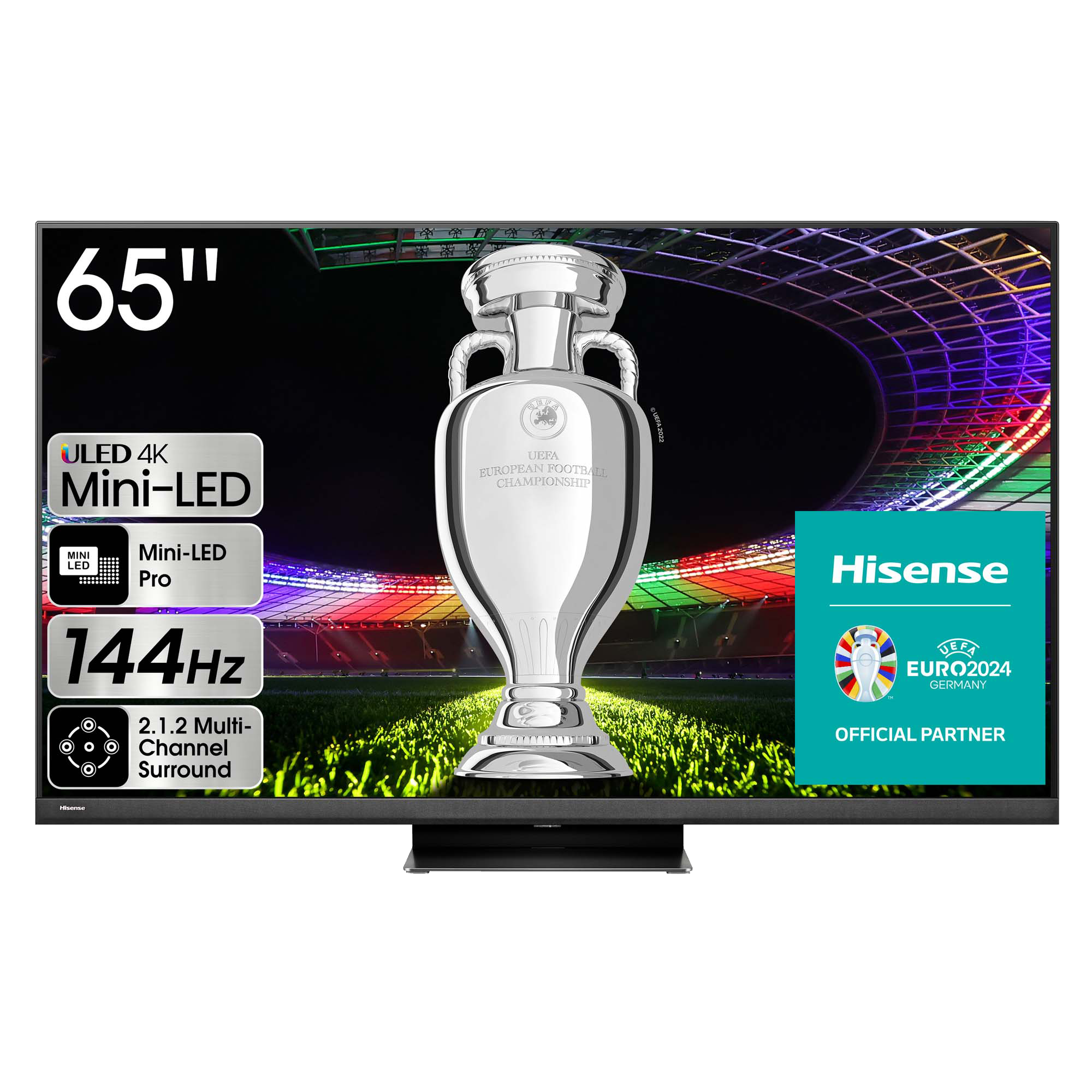 Televisor Hisense de 65 pulgadas mostrando un trofeo de fútbol y el logo de la UEFA.