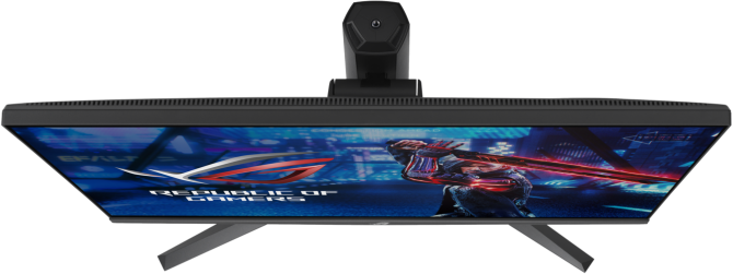 Felülnézet egy gamer monitorról széles képernyővel és állvánnyal, játék grafikával.