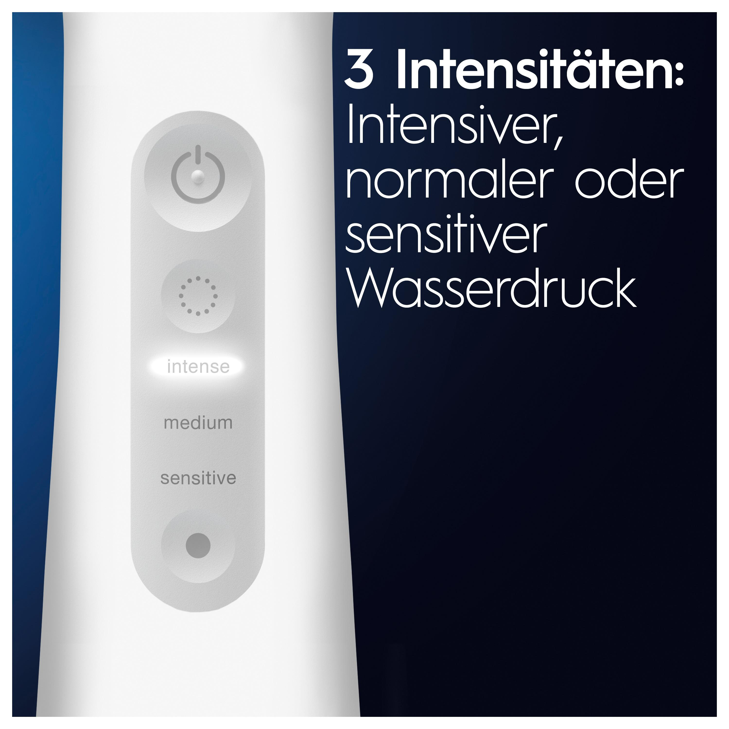 Ein weißes Mundpflegeprodukt mit Optionen für Intensitätsstufen.