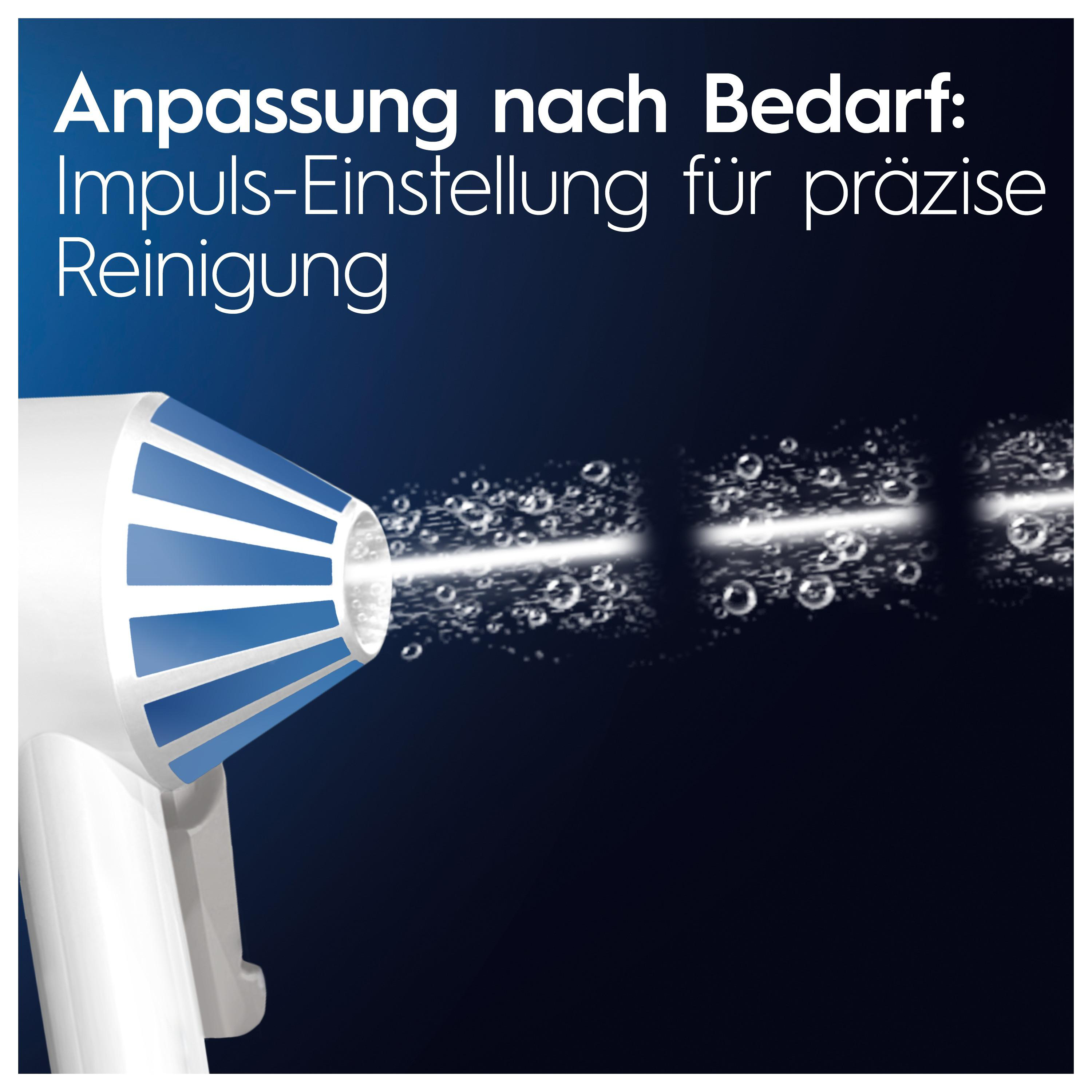 Weißer Haartrockner mit blauen Akzenten, Text: 'Präzise Reinigung'.