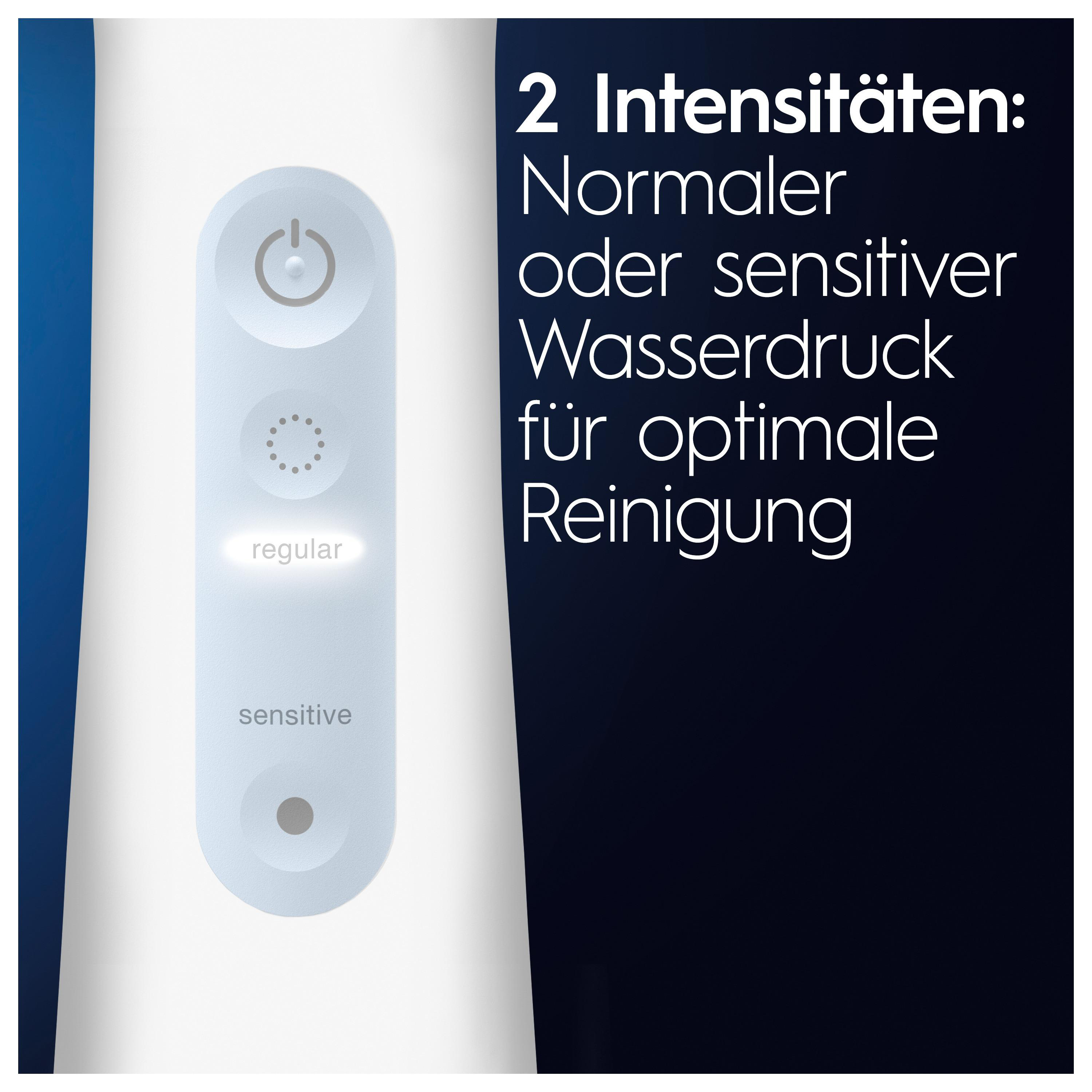 Zahnbürstenknopf mit den Optionen 'normal' und 'sensitiv' sowie Text auf Deutsch zum Wasserdruck.