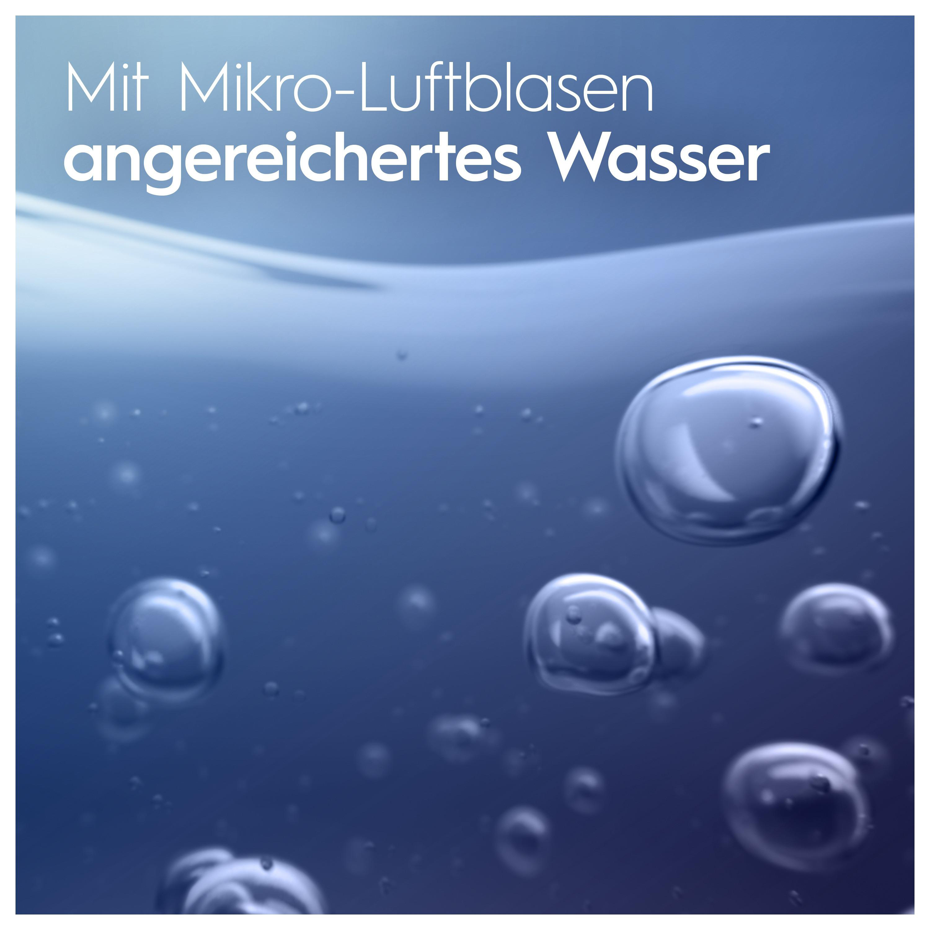 Wasser mit vielen Blasen, blauem Hintergrund, Text 'angereichertes Wasser'.