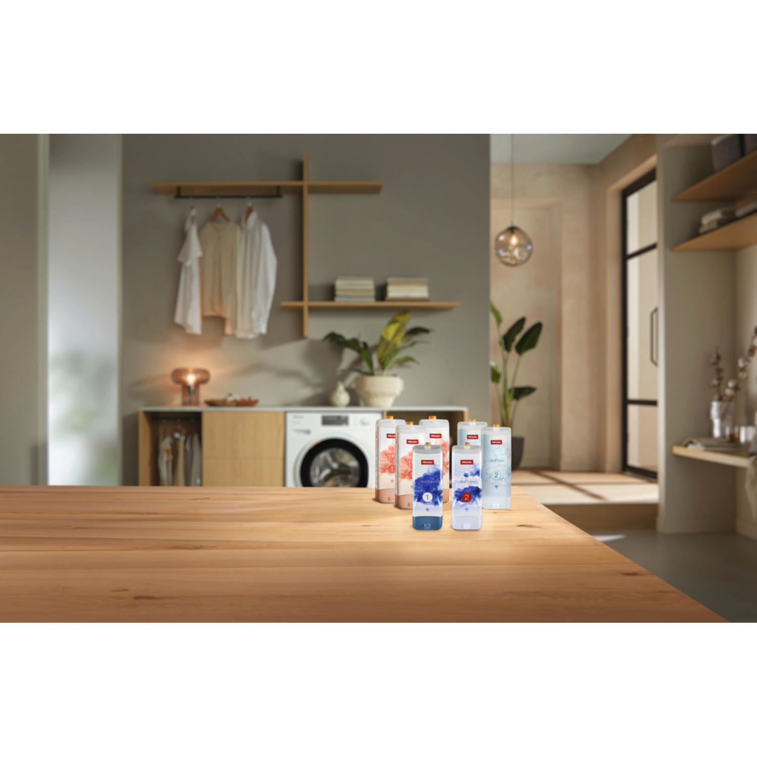 Laundry room scene with laundry detergent bottles on a wooden table.