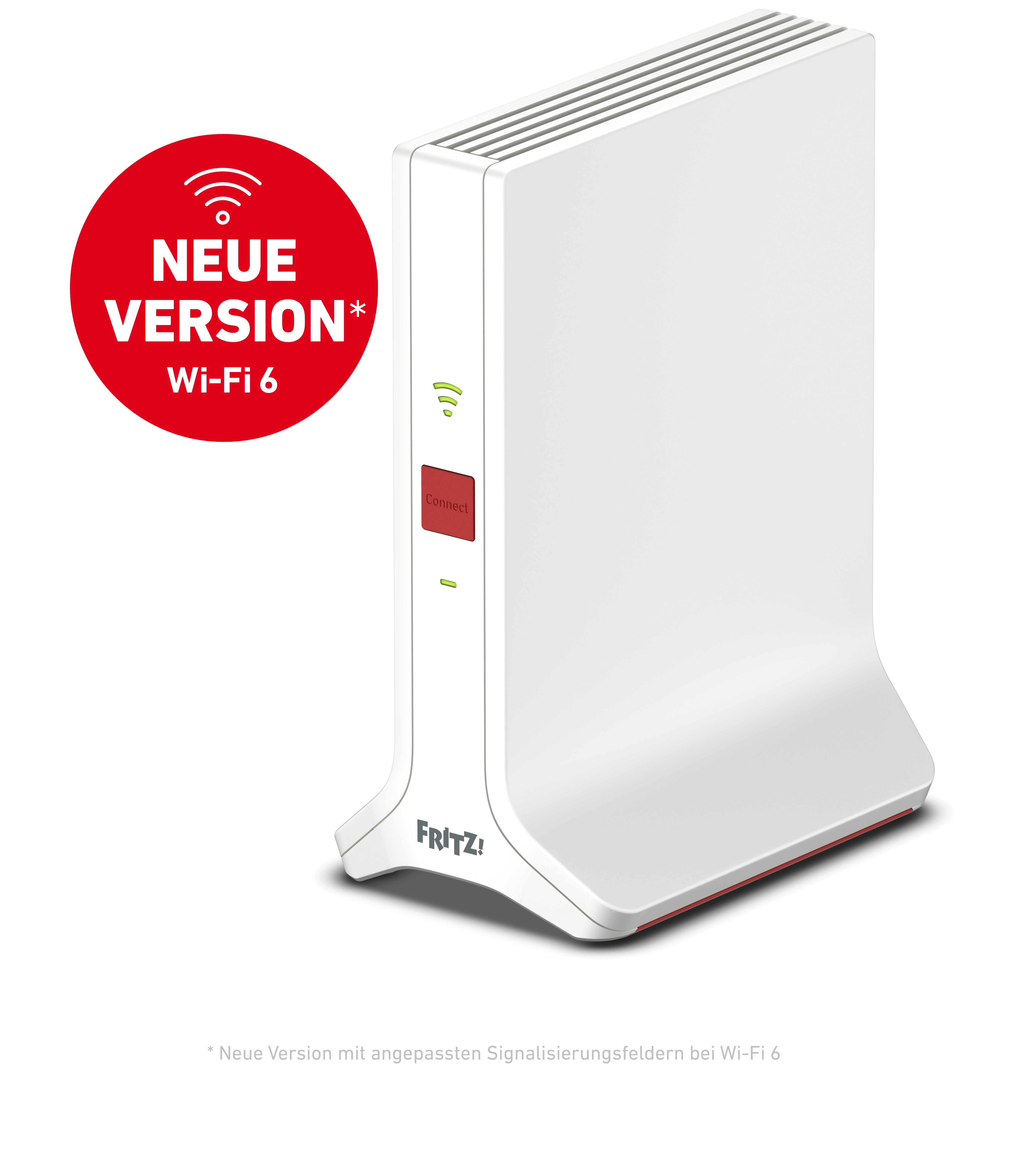 Weißer Router mit rotem Wi-Fi 6-Etikett. Grüne Lichter zeigen die Verbindung an. Die Marke ist Frit!.
