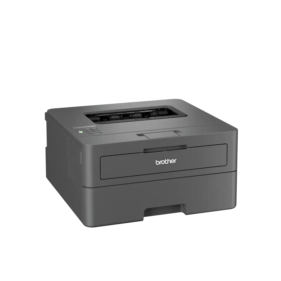 Una impresora Brother gris con cajón y botón de encendido.