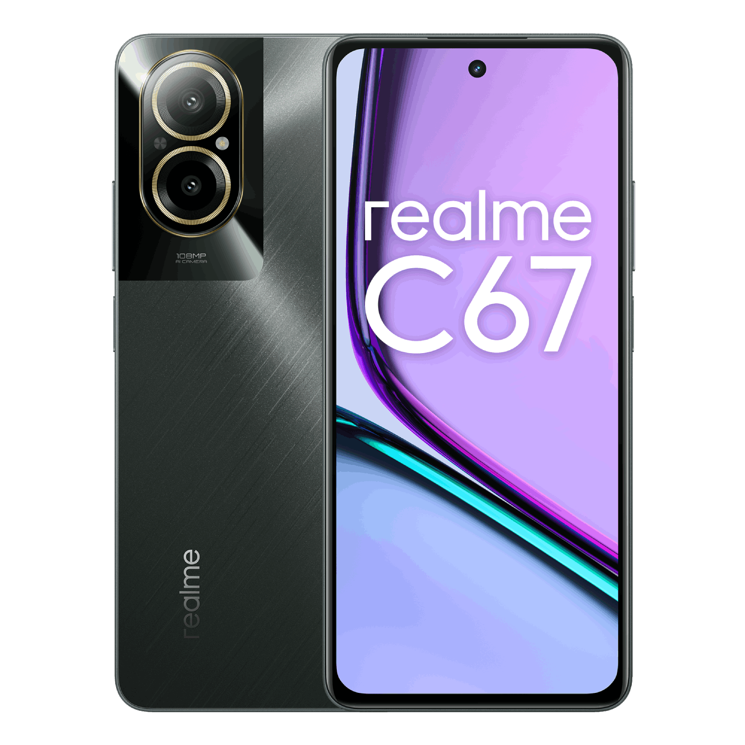 Un teléfono Realme C67, gris oscuro con un fondo negro. La pantalla muestra el nombre realme y C67.