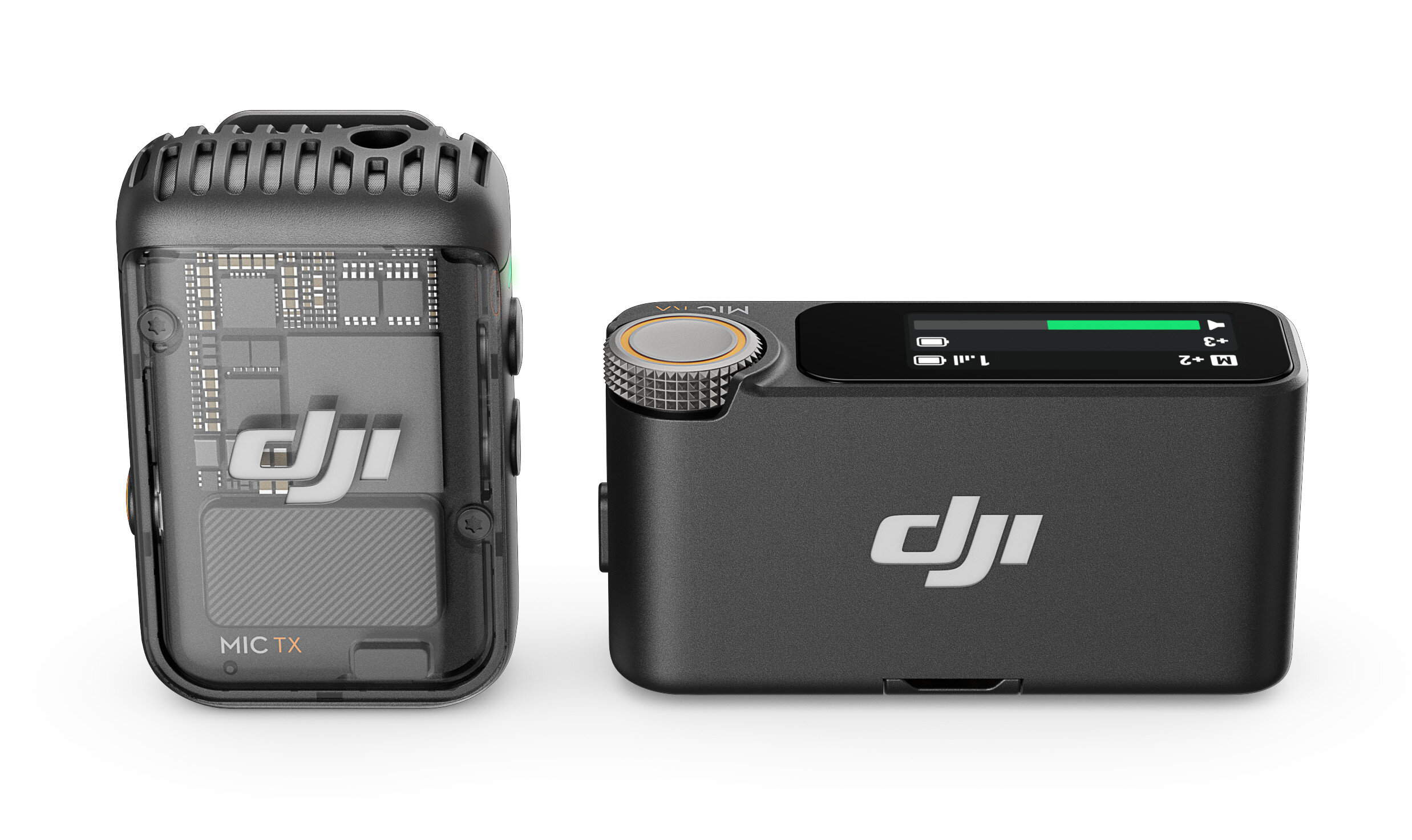 Dwa mikrofony DJI, jeden przezroczysty, pokazujący wewnętrzne części, i jeden czarny.
