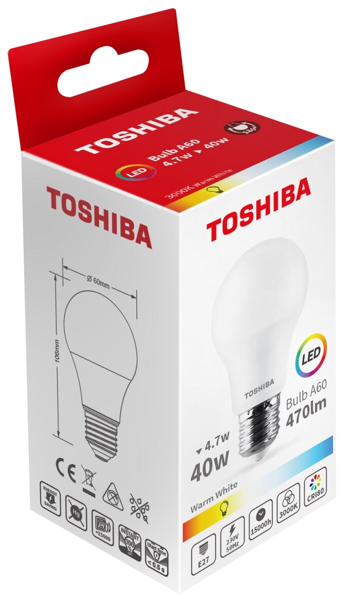 Pudełko żarówki LED Toshiba z grafiką białej żarówki, tekstem i specyfikacjami. Pudełko jest czerwono-białe, z uchwytem.