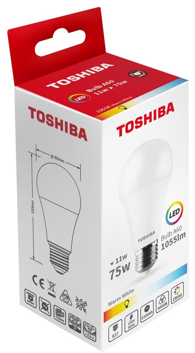 Pudełko żarówki LED Toshiba. Pokazuje obraz żarówki, wymiary i szczegóły, takie jak moc, lumeny i CRI.