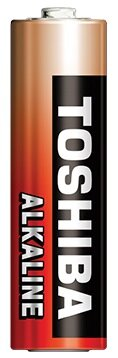 Pojedyncza bateria Toshiba Alkaline AA z czarną i miedzianą etykietą.