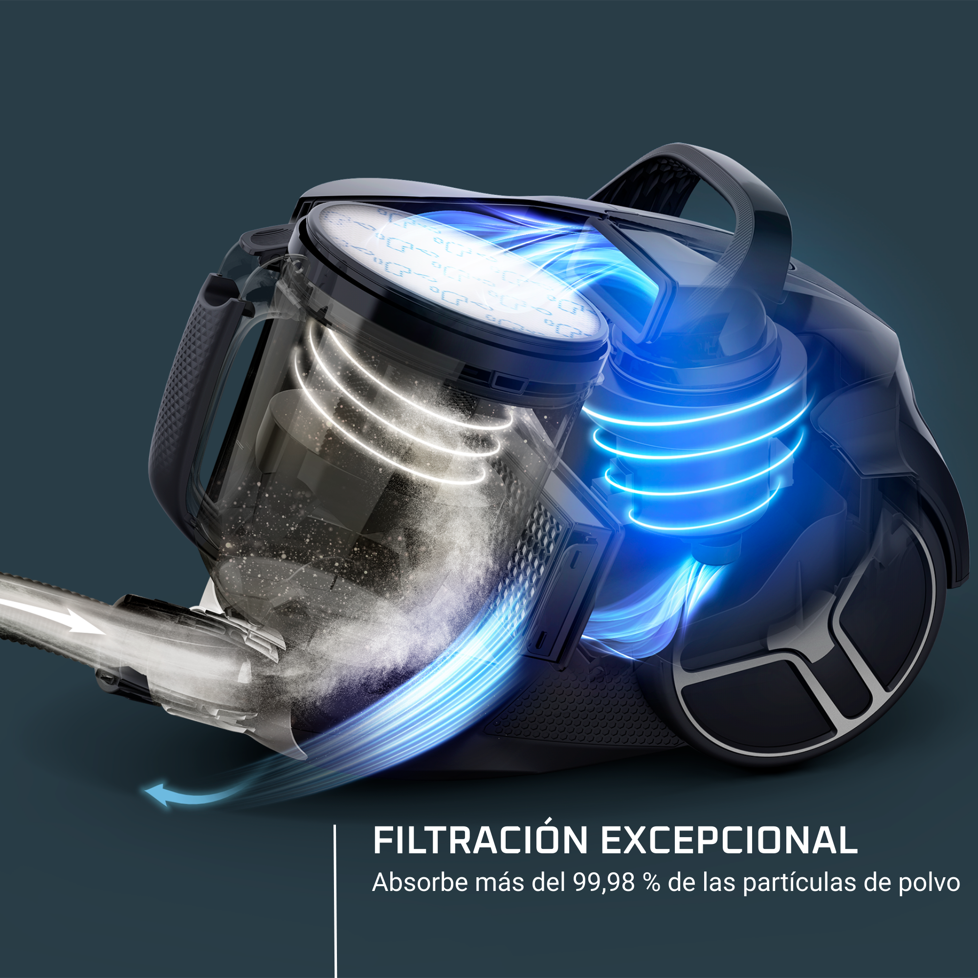 Una aspiradora negra con un contenedor de polvo transparente, efectos de luz azul y texto: FILTRACIÓN EXCEPCIONAL.