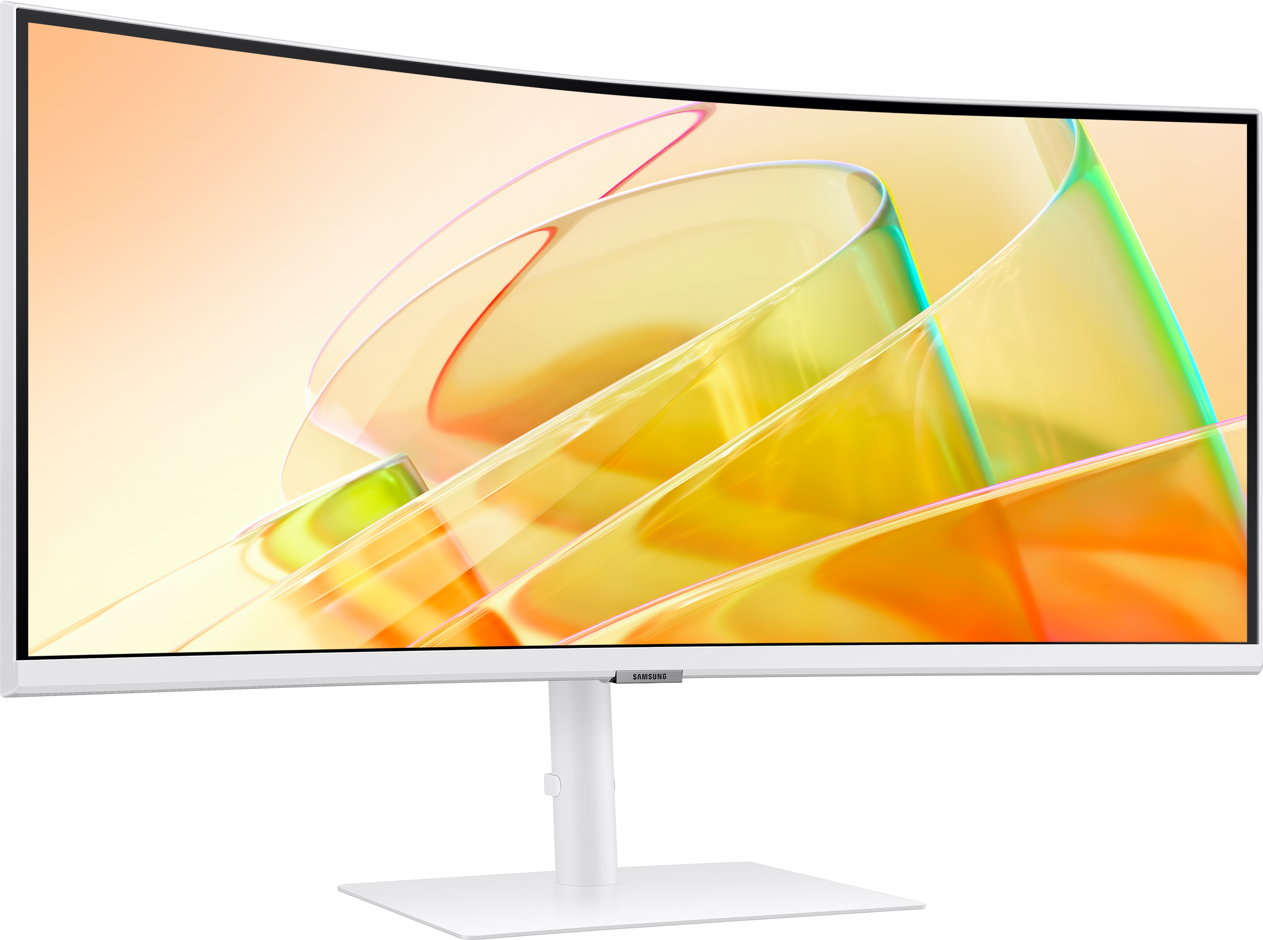 Monitor bianco curvo con sfondo astratto colorato.