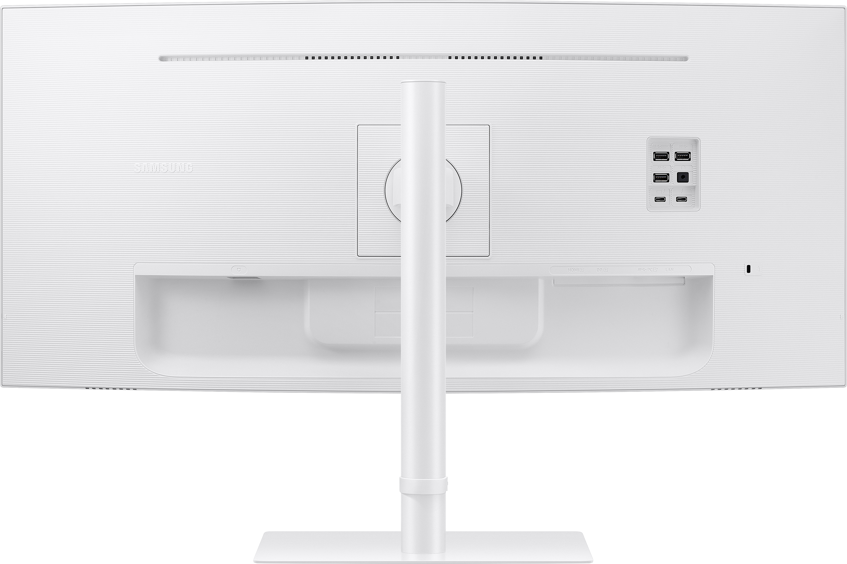 Retro monitor bianco con porte. Supporto bianco. Sfondo nero.