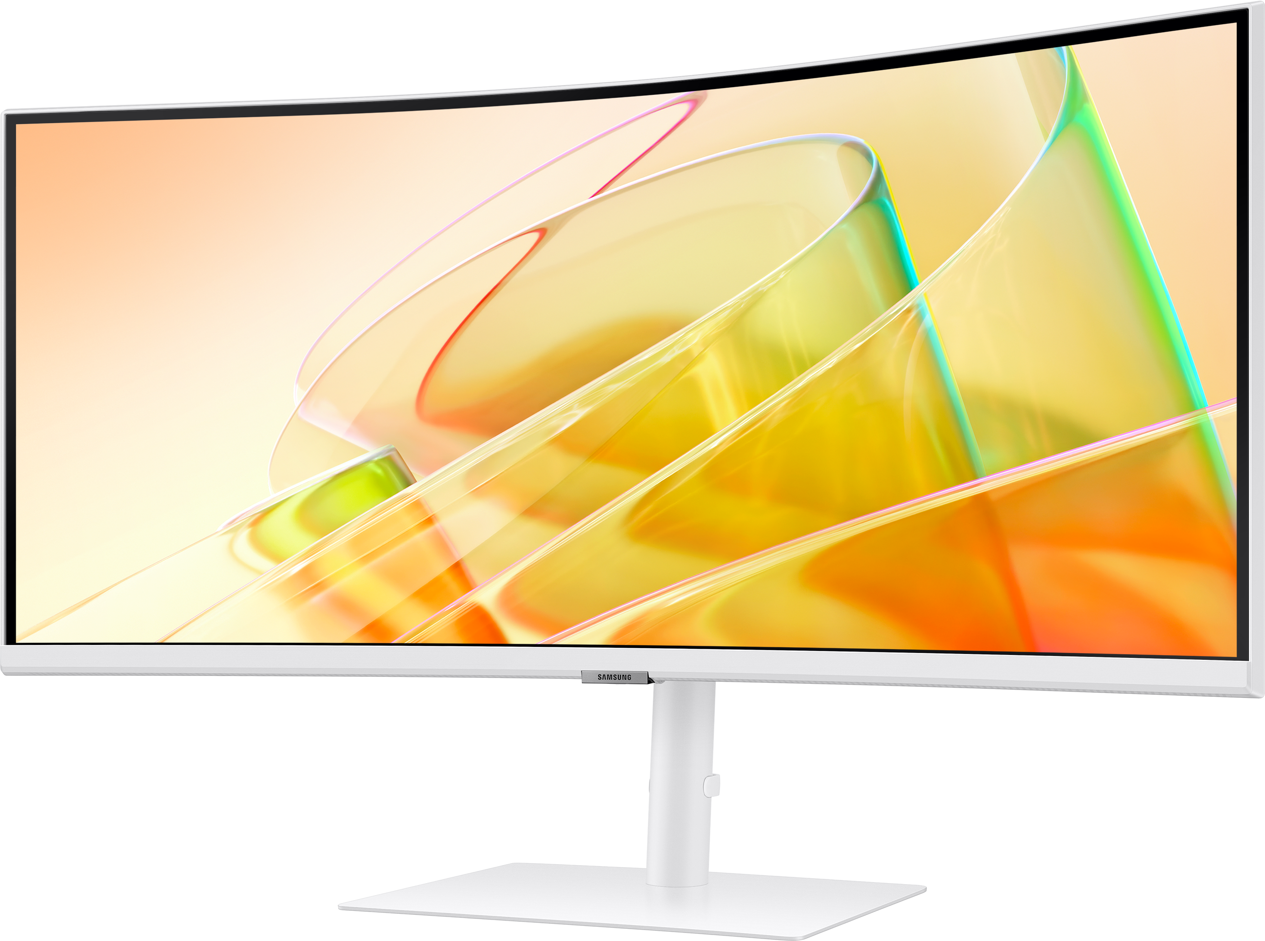 Monitor curvo bianco. Lo schermo mostra un design astratto colorato. Supporto bianco.