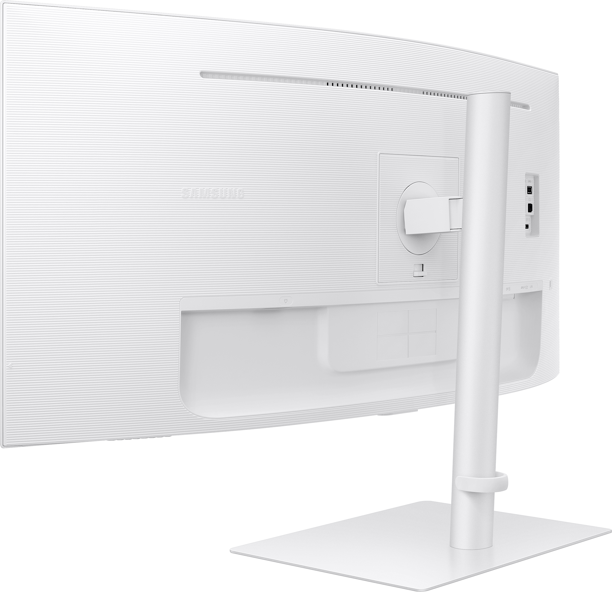 Vista posteriore di un monitor bianco. Ha porte e un supporto.