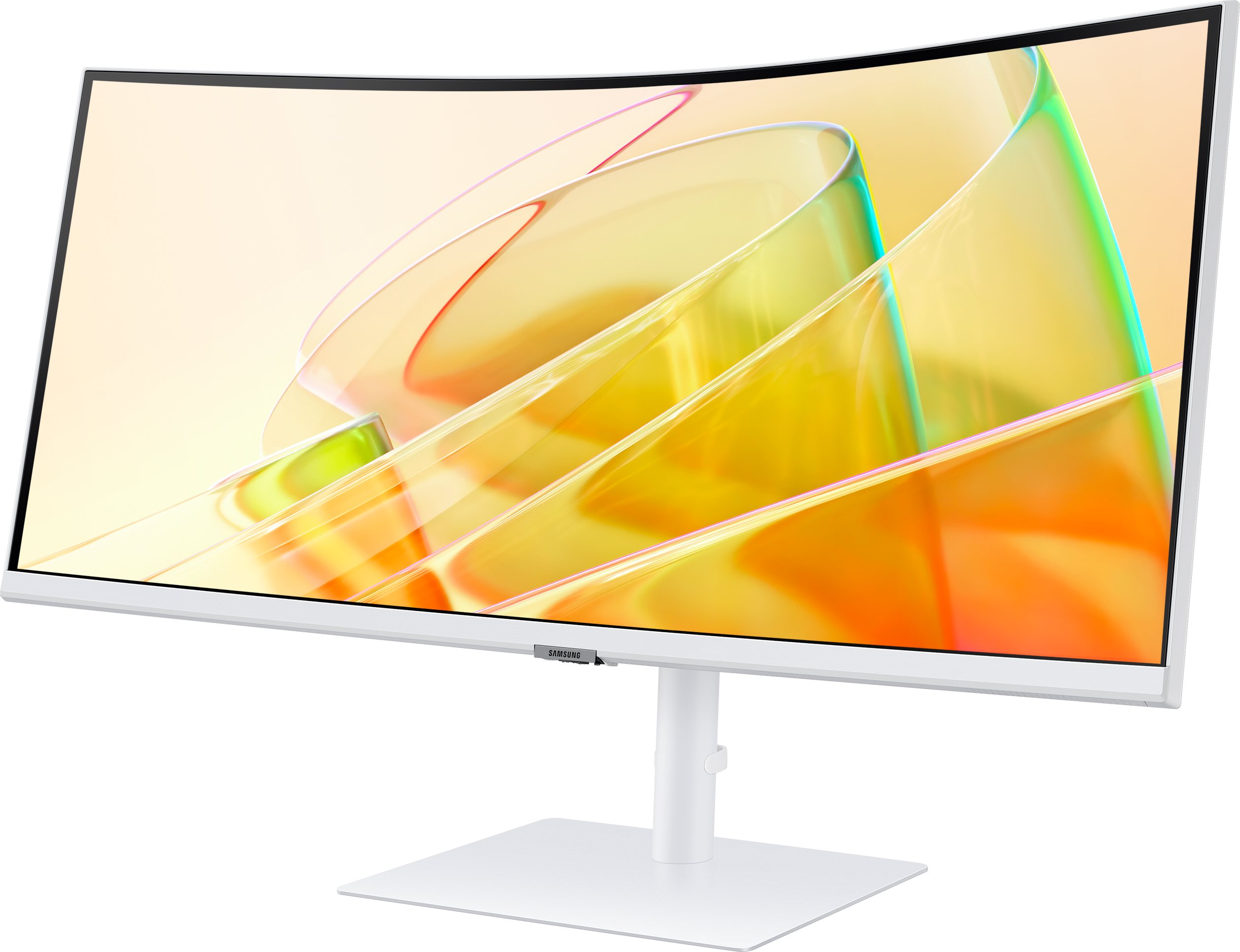 Monitor curvo bianco con supporto, che mostra un'immagine astratta colorata.