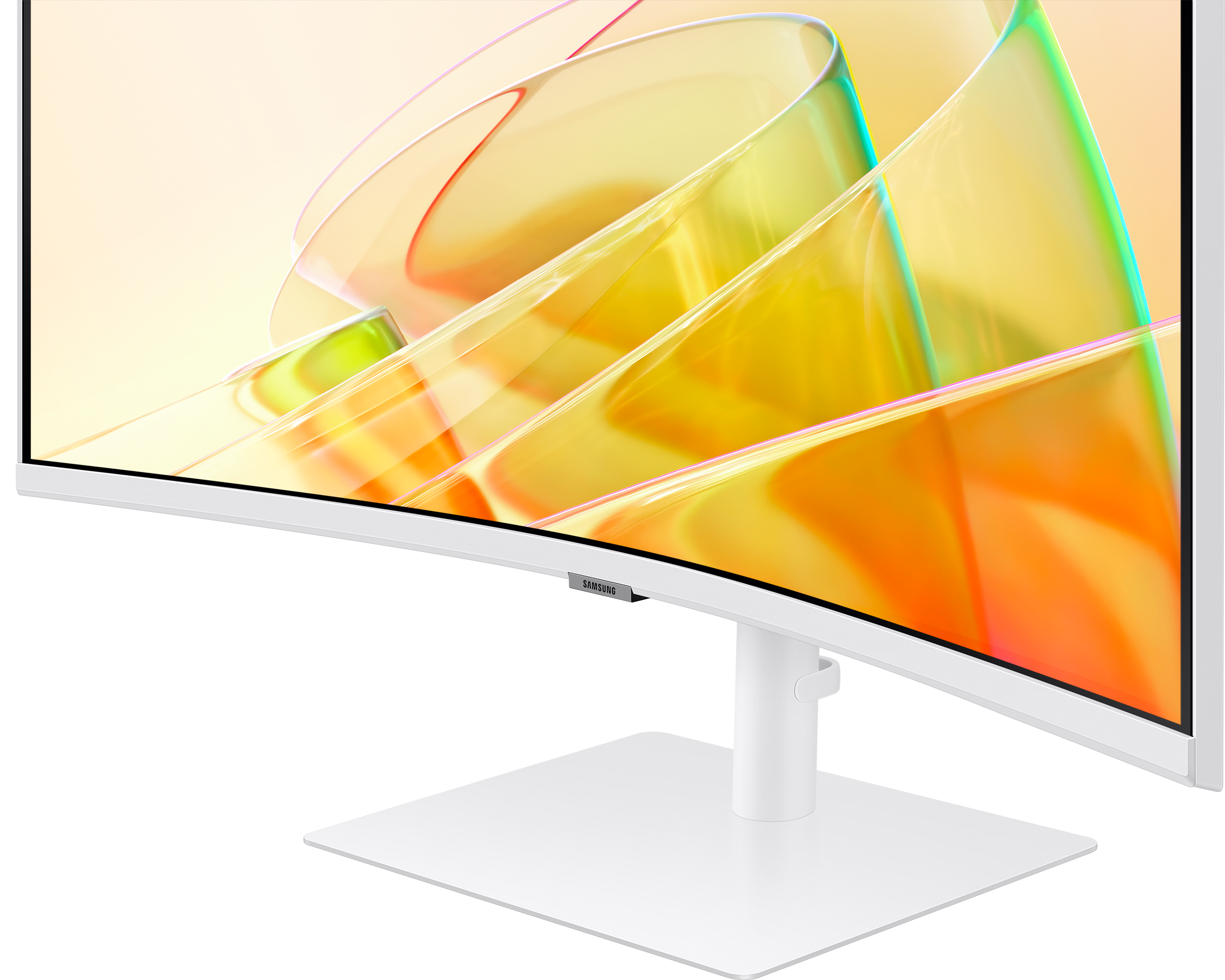 Monitor curvo bianco con supporto bianco. Mostra grafica colorata.