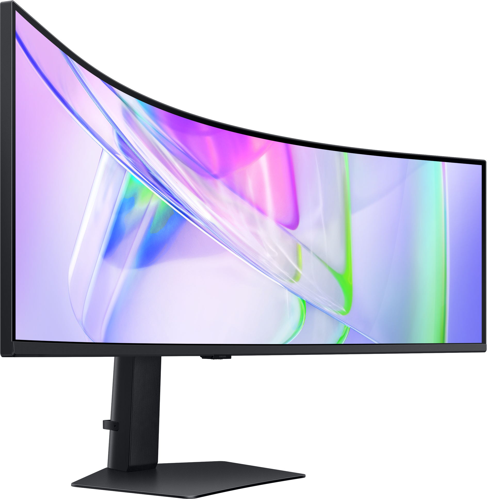 Un monitor curvo con uno sfondo astratto colorato.