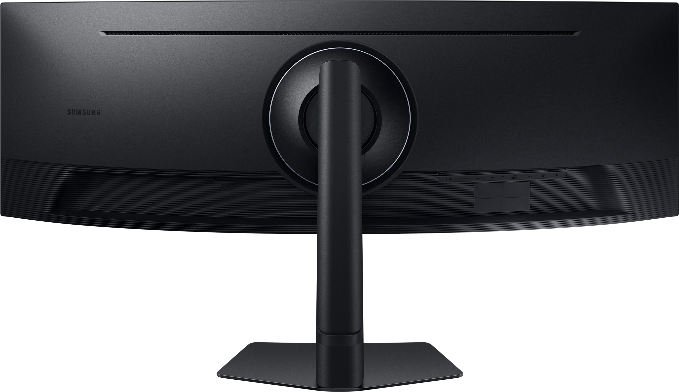 Retro di un monitor per computer curvo nero. Ha un supporto e porte. Sfondo nero.