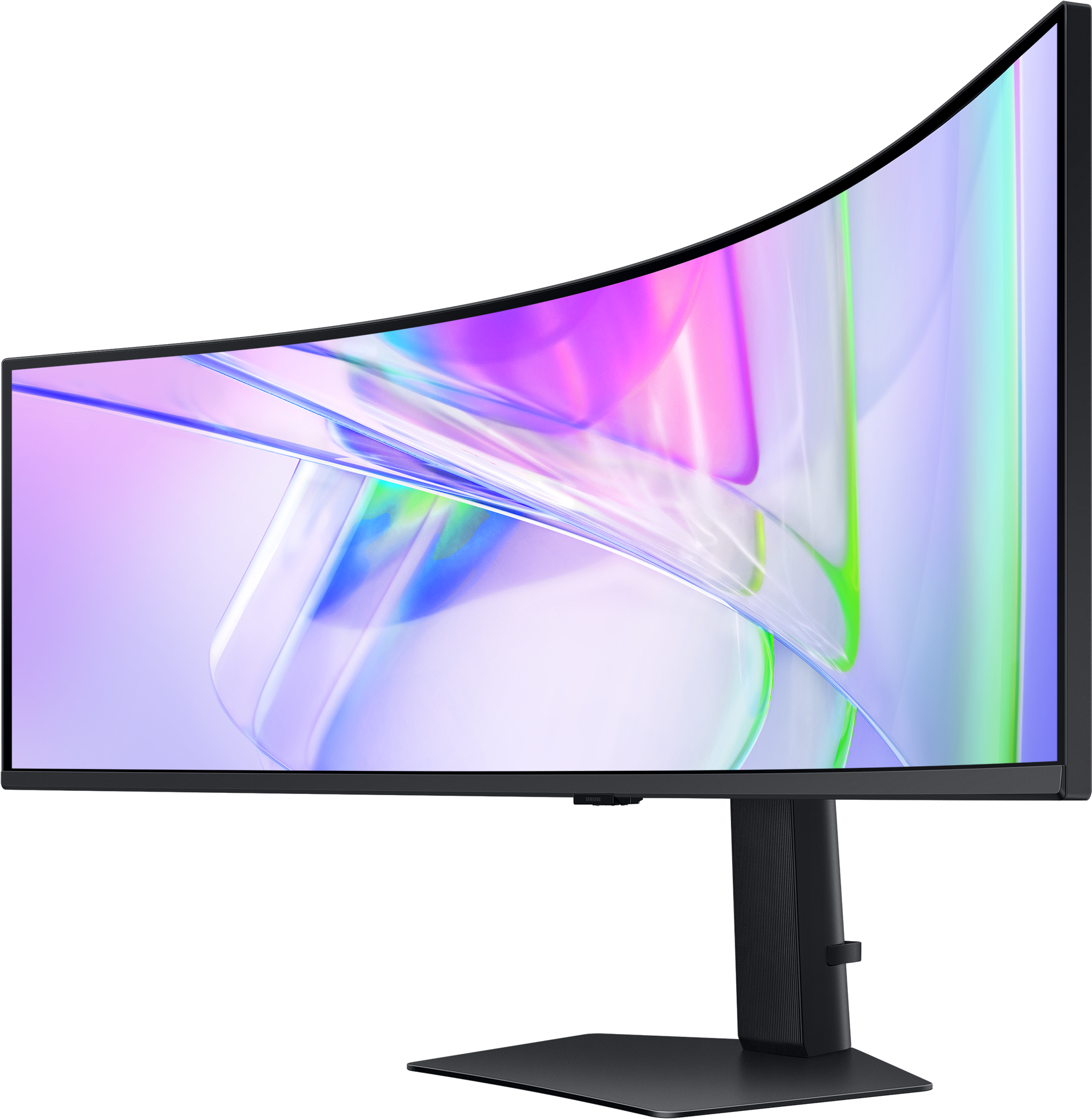 Monitor curvo che mostra un'immagine astratta e colorata.